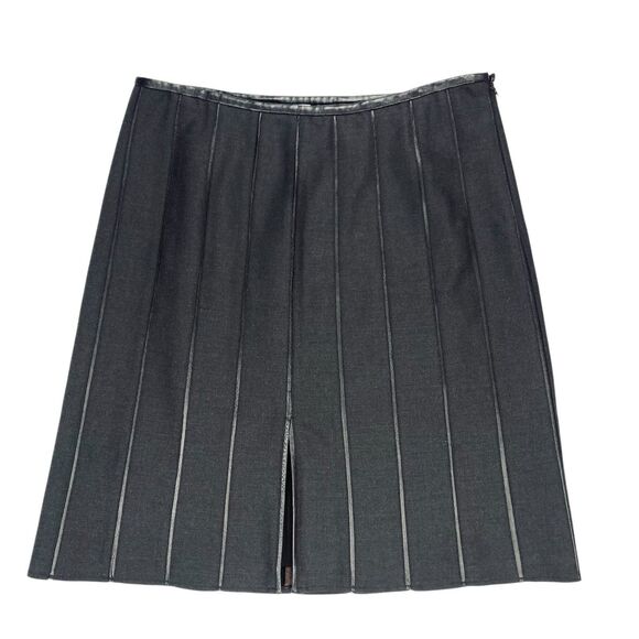 ARMANI COLLEZIONI Midi Skirt Sz 10 Black Wool Leather Striped Trim Lined Classy